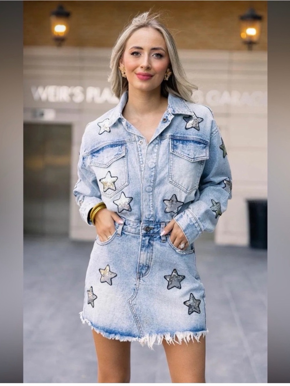 Buddy Love Light Wash Denim Mini Dress with Star Appliqués